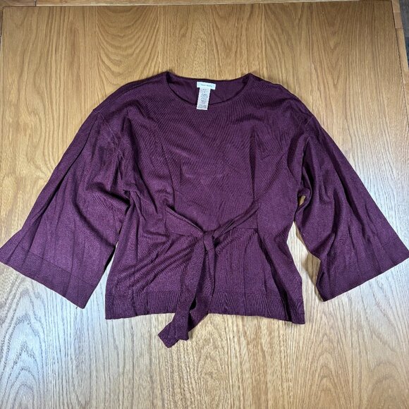 Max Studio Tie Front Knit Top Burgundy Bell Sleeve Soft Lightweight – Size S - Picture 2 of 8